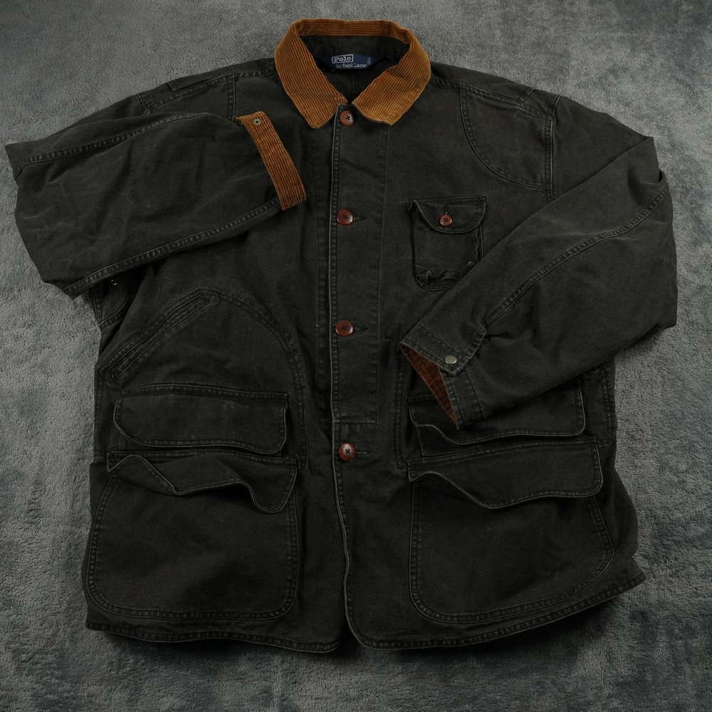 VTG Polo Ralph Lauren Chore Jacket Mens XL Black Canvas Corduroy Trim Utility - Picture 2 of 13